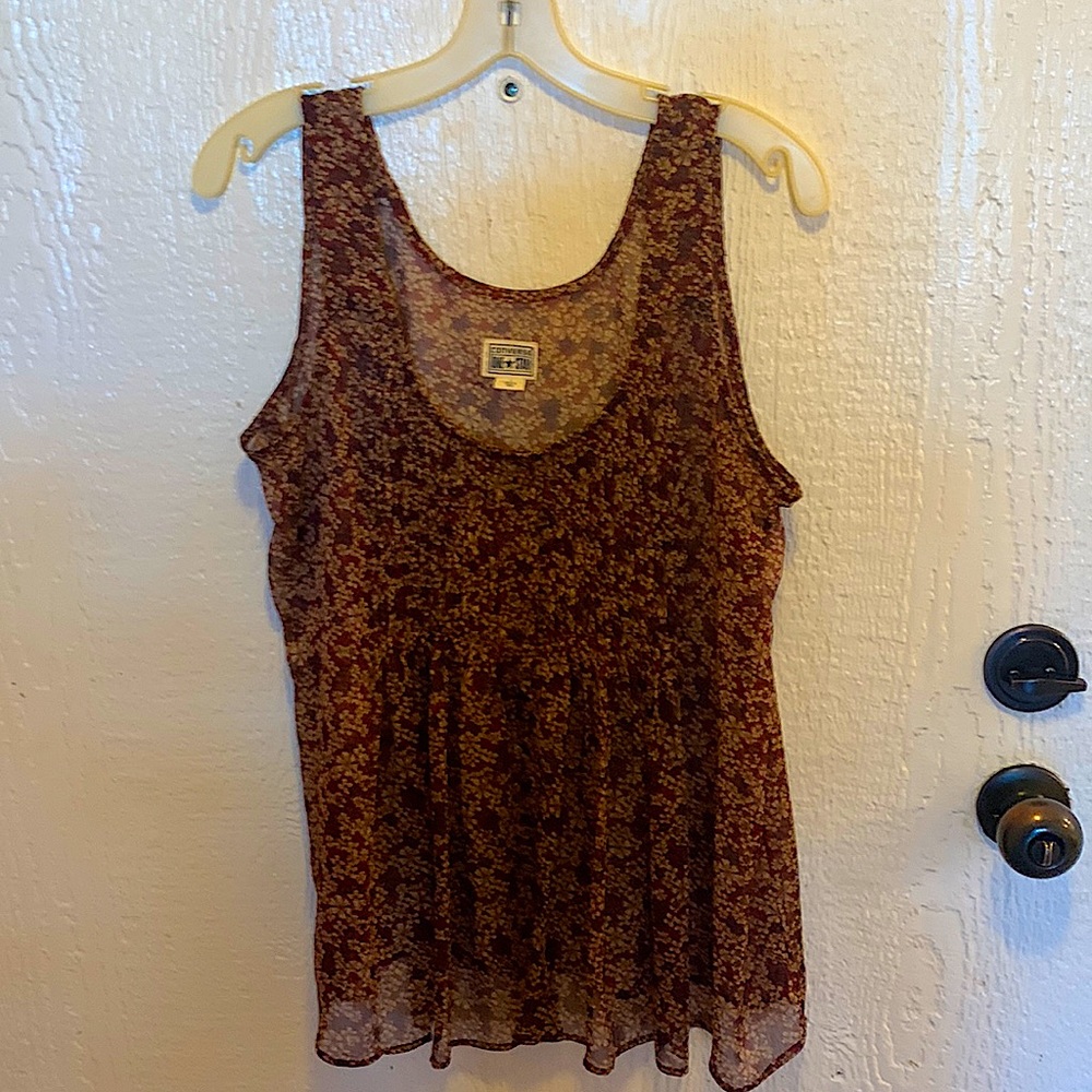 Converse One Star sheer sleeveless top size large, wine colored flowered print.
